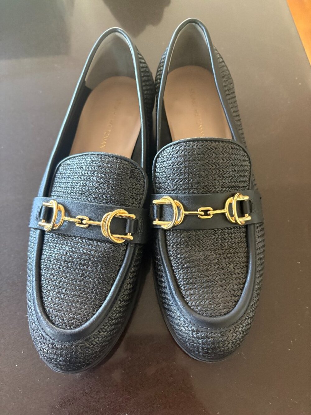 Stuart Weitzman Black Woven Horsebit Loafers Gold Hardware Sz 6